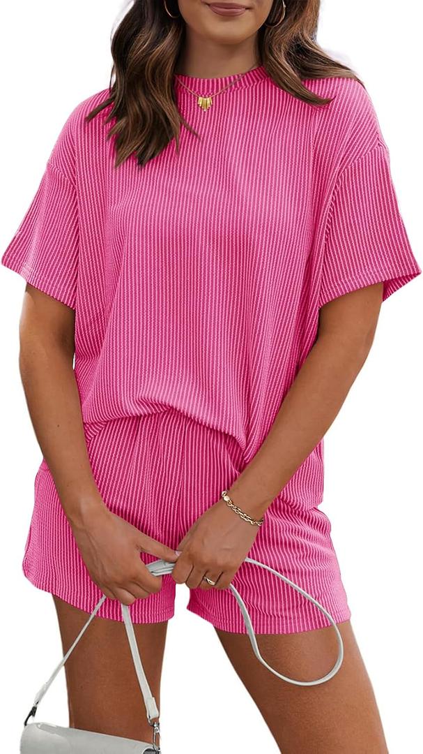 RUBZOOF Women's 2 Piece Sets Short Sleeve Outfits Ribbed Textured Knit Lounge Shorts Set Oversized Tracksuit Matching Sets XL