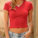 Women's Basic V Neck Short Sleeve T Shirts Summer Cute Baby Tee Slim Fit Cotton Tops (Red, M)