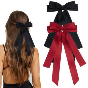 Bow Hair Clips 2PCS Set for Women and Girls - Black White Ribbon Bows for Hair, with Long Tail, Alligator Clip (Black & Red)