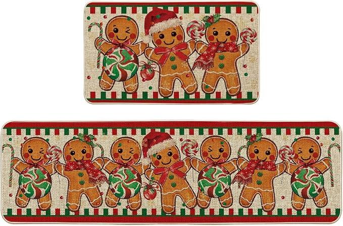 Artoid Mode Gingerbread Candy Cane Christmas Kitchen Mats Set of 2, Winter Home Decor Low-Profile Kitchen Rugs for Floor - 17x29 and 17x59 Inch