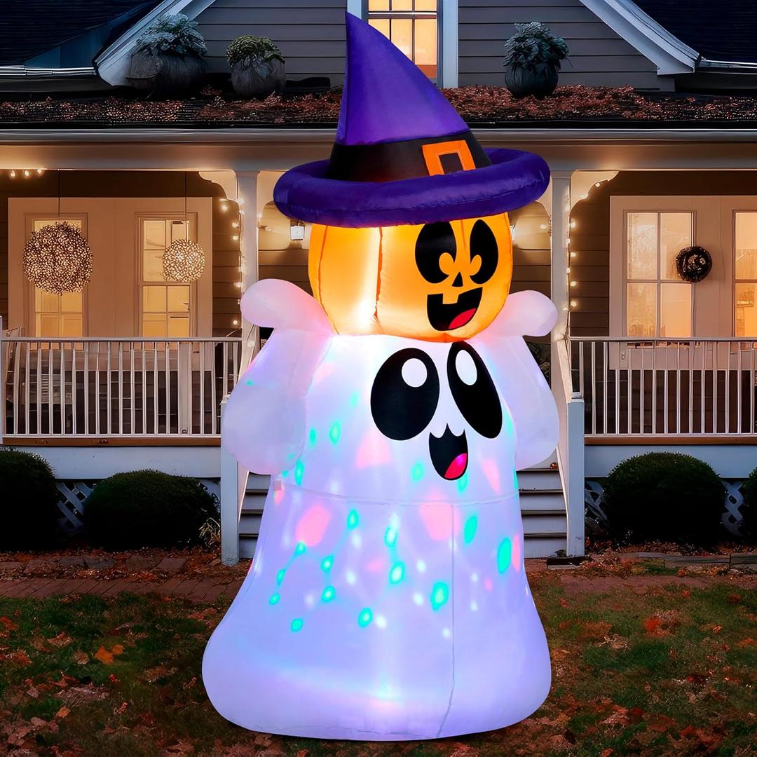 Joiedomi 5 FT Tall Halloween Inflatable Outdoor Decor, Blow Up Yard Decoration Ghost with Colorful LEDs, Inflatable Ghost with Pumpkin Witch Hat for Halloween Outdoor Decoration