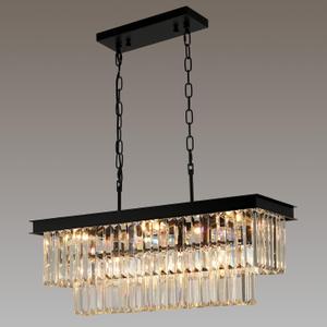Weesalife Black Crystal Chandeliers for Dining Room Light Fixtures Over Table9-Lights Modern Rectangle Chandeliers for Kitchen Island Bar L28 Inch