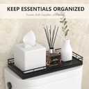 Toilet Paper Basket Organizer Oak Wood Toilet Tank Tray with Metal Frame, Bathroom Counter Top Storage for Toilet Paper, Wipes & Decor, Modern Narrow Back of Tank Shelf Organizer, Black