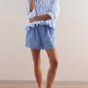 Cicy Bell Womens Cropped Striped Button Down Shirts Ruffle 3/4 Length Sleeve Summer Tops Dressy Casual Blouses