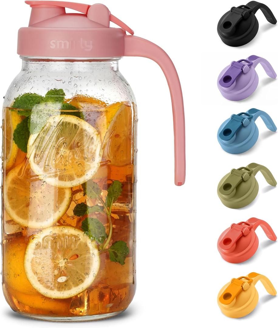 SMIRLY 64 oz Mason Jar Pitcher,Glass Pitcher with Wide Mouth,Water Jug with Double Leak Proof Lid for Iced Coffee,Hot Water,Breast Milk (Pink)