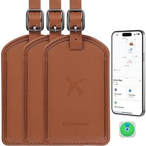 Luggage Tags Builtin AntiLoss Tracker, Luxury Leather Luggage Tags for Suitcase, Travel Bags, Backpacks, Travel Organizer for Lost Baggage Prevention (Brown*3 Pack)