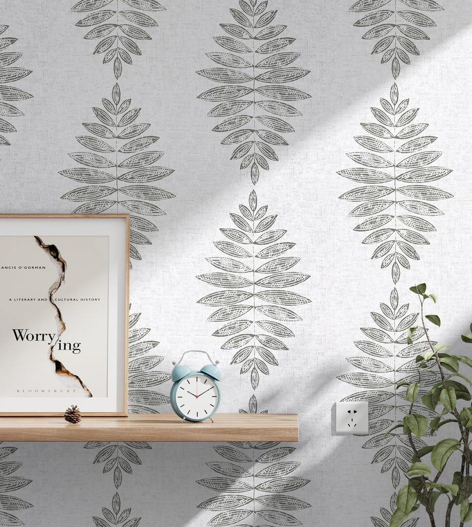 Guvana 17.3"x 394" Grey Wallpaper Vintage Peel and Stick Wallpaper Gray Leaf Pattern Contact Paper Self Adhesive DIY Removable Textured Wall Paper for Accent Wall Cabinets Decor