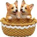 Corgi Figurine Dog Gift Basket Resin Statue Key Bowl Entryway Table Decor Decorative Rattan Style Dog Storage Bowl for Keys Candy Fruit Holder Corgi Lovers Gifts, 7.9 Inch