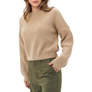 LAPUNIOT Women's Pullover Sweaters Crewneck Long Sleeve Chunky Cable Knit Pullover Sweater Cropped Sweaters Fall Outfits Medium