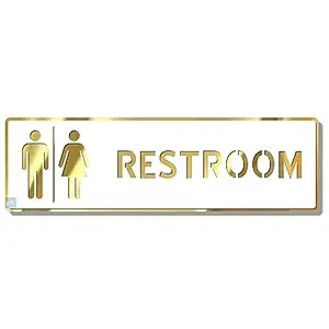 Premium WHITE & GOLDEN Finish Acrylic RESTROOM DOOR Sign 10 X 3 INCH Easy to Mount 3M Self-Adhesive Tape Signage for Hotel Office Corporate Business Resort Society