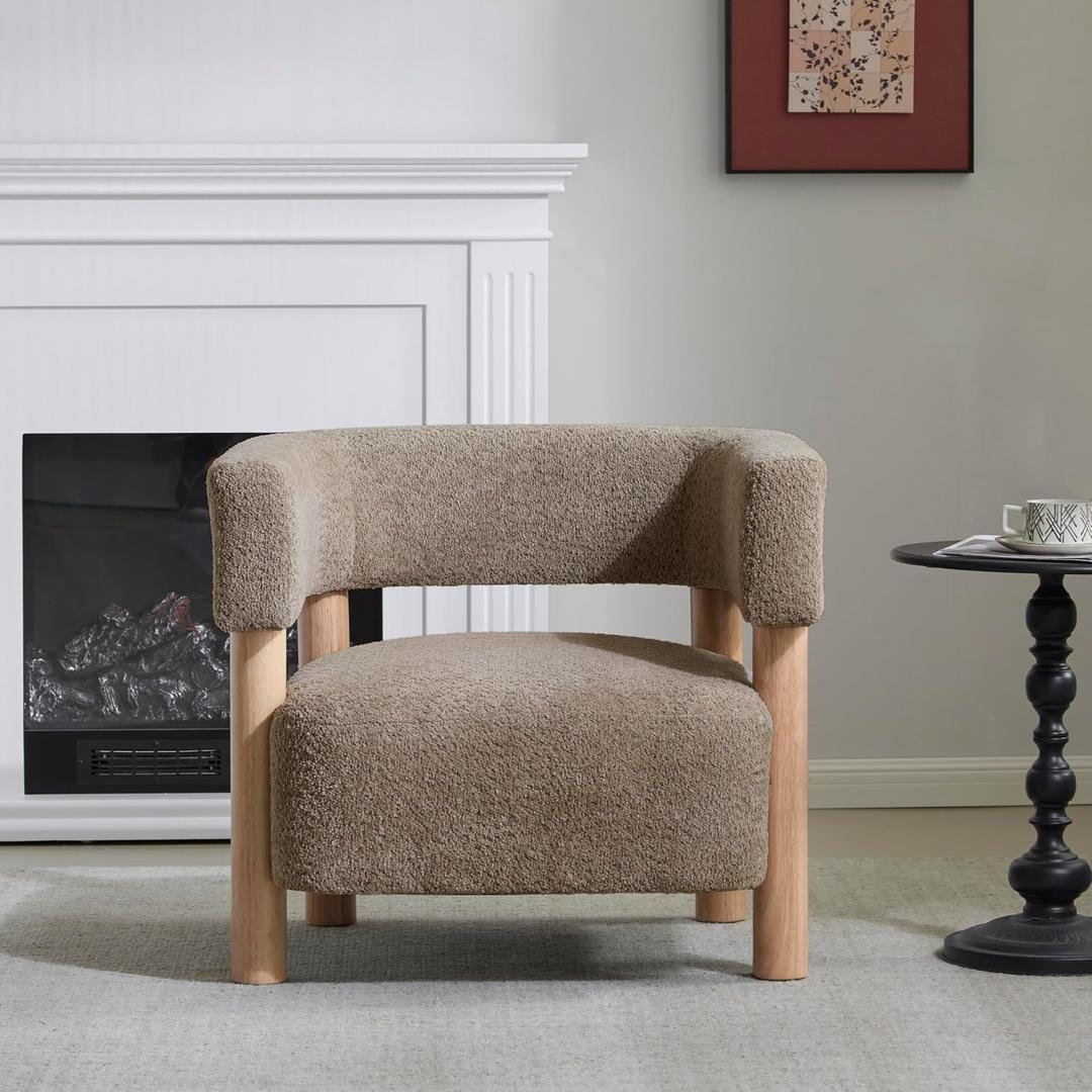 Christopher Knight Home Carly Low Profile Accent Chair, Round Backrest Side Chair, Living Room Armchair with Boucle Fabric Cushion,Comfy Reading Chair for Bedroom,Wooden Single Lounge Sofa,Light Camel, Medium