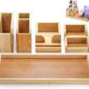 Bamboo Desk Vanity Tray, 7 Pieces Adjustable Pen Holder Stationery Caddy, Bathroom Vanity Organizer Set, Sturdy Countertop Tray Storage Boxes Office Supplies for Makeup Small Items Home Kitchen