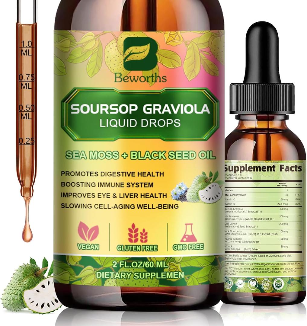Soursop Bitters Liquid Drops with Irish Sea Moss, Black Seed Oil, Soursop Graviola Leaves Extract - Multivitamin Complex Supports Antioxidant, Slowing Cell-Aging, Gut Cleanse, Detox & Immunity Health