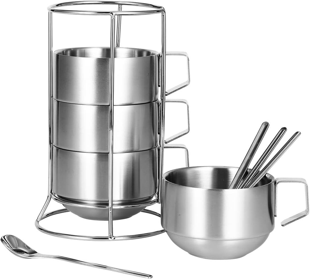 Stackable Stainless Steel Coffee Mugs, Coffee Cups Set of 4 with Spoons & Stand, 250ml Cup Cups for Drinks Latte Cappuccino Tea, 4 pcs set Coffee Cup