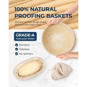 Banneton Proofing Basket Set of 2, 10 Inch Round & Oval Cane Bread Proofing Baskets with Sourdough Bread Baking Supplies, Bread Making Kit (Premium 10" Round & 10" Oval, Rattan)