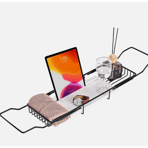 MARBBNEST Bathtub Tray Caddy for Luxury Bath Expandable Extra Wide Bath Tub Tray with Natural Marble Tray and Mobile/Tablet Stand, Ideal for Home Spa Lovers