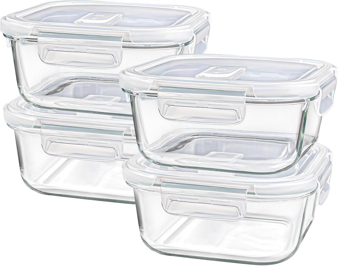 Square Glass Containers with Lids 24oz - Borosilicate Glass Food Storage Set 3 Cup, Freezer Safe Meal Prep Containers, Sandwich Lunch Box, Yogurt Cereal Bowls with Vented Lids BPA Free 4 Pack, Small