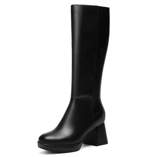 DOBOLIN Wide Calf Black Knee High Boots for Women, Square Toe Block Heel Tall Boots with Platform, PU Leather, US Size 9W