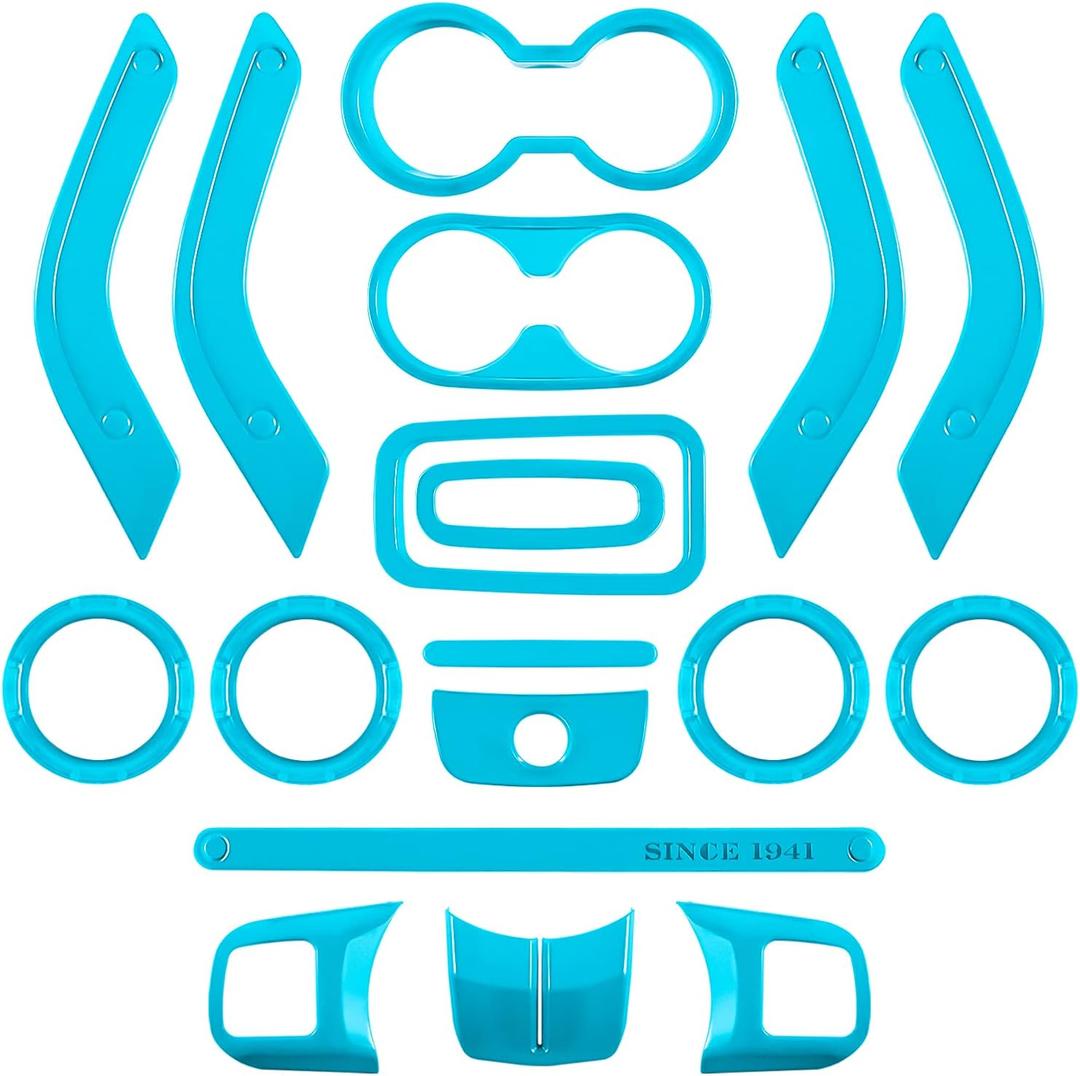 18 PCS Full Set Interior Decoration Trim Kit Steering Wheel Center Console Door Handle Air Conditioning Vent Cup Holder Gear Cover Trim for Jeep Wrangler JK JKU 2011-2018 4-Door (Light Blue)