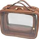 JAZD Clear Makeup Bag Toiletry Bag for Women Cosmetic Case Large Capacity Travel Make Up Bag Organizer Transparent Storage Compartment TSA Approved (BROWN)
