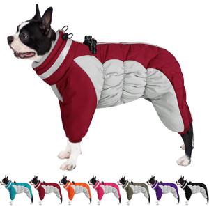 AOFITEE Fullbody Dog Coat Warm Fleece Dog Jacket, Windproof Dogs Winter Coat with Harness Built in, Reflective Turtleneck Dogs Snowsuit Puffer Jacket, Four Legged Pet Snow Suit, Christmas Red S (Burgundy)