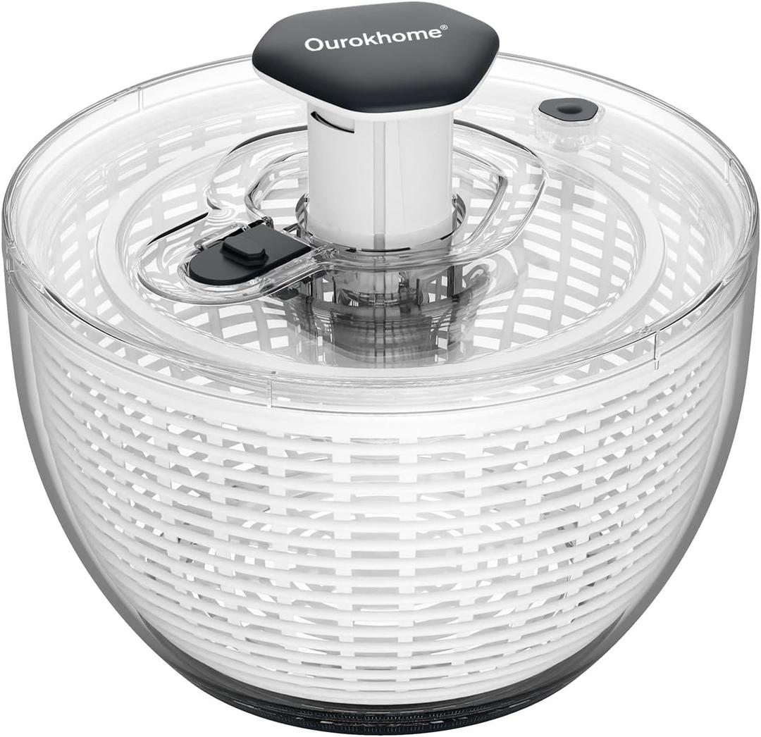 Ourokhome 6.3 QT Salad Spinner with Fully Removable Lid, Large Lettuce Dryer with One-Hand Press Pump, Instant Stop Brake Button and Retractable Handle, Vegetable Washer & Spinner for Greens and Herbs