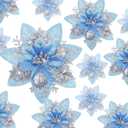 24 Christmas Glitter Artificial Poinsettia Flowers Xmas Poinsettia Artificial Wedding Flowers Decorations Xmas Tree Ornaments with Clips for Party Favors, 6 Inch, 4 Inch, 3 Inch (Silver and Blue)