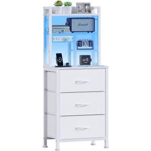 Furnulem Tall Nightstand with LED Lights and 3 Tier Shelves, Night Stand with 3 Fabric Drawers, 45.3inch Tall Bedside Tables with USB Ports and Outlets in Bedroom, Dorm, Office (White)