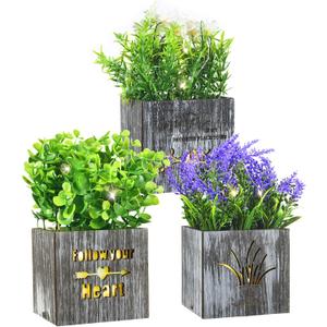 Fake Plants Artificial Eucalyptus Potted Plant with LED Lights 3Pcs Fake Plants in Pot for Home Decor Faux Lavender Plants and Flower Indoor in Wooden Box Pots