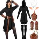 7PCS Renaissance Medieval Costume Women, Hooded Fairy Dress Lace Up Outfits with Vintage Arm Pouch Belt Faux Leather (Black, M)