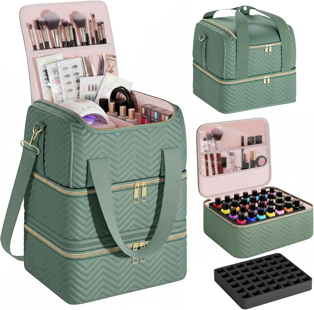 Nail Polish Organizer Bag–3-Layer Nail Organizers and Storage Bag with Detachable Bottom Section–Holds 84 Bottles–Embroidered Nail Polish Case Organizer with Luggage Strap
