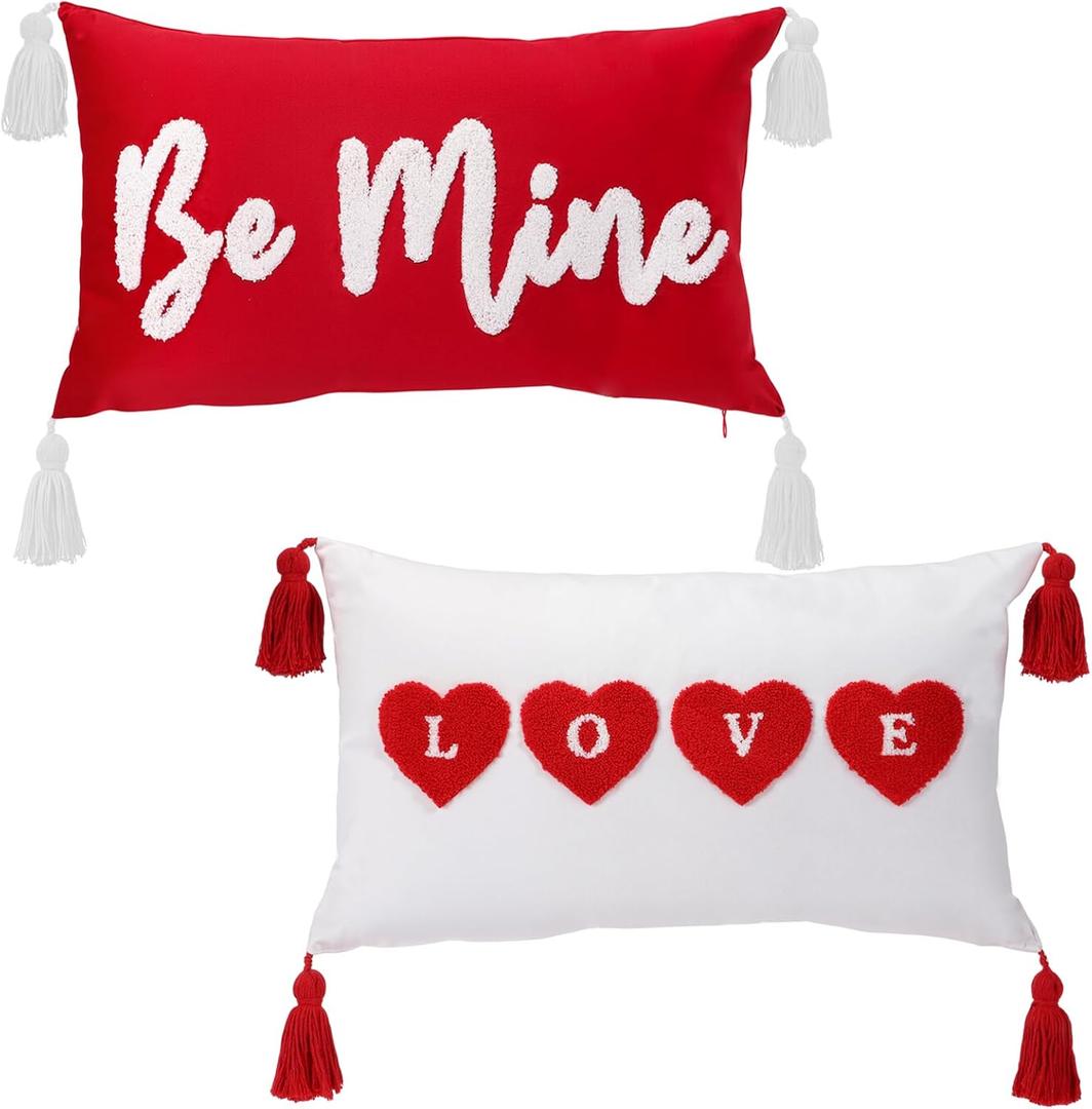 Gilprop Red Throw Pillow Covers 12 x 20 Inch Set of 2, Velvet with Heart Embroidery Pillow Covers Home Decoration for Wedding Couch Sofa Bedroom Decoration