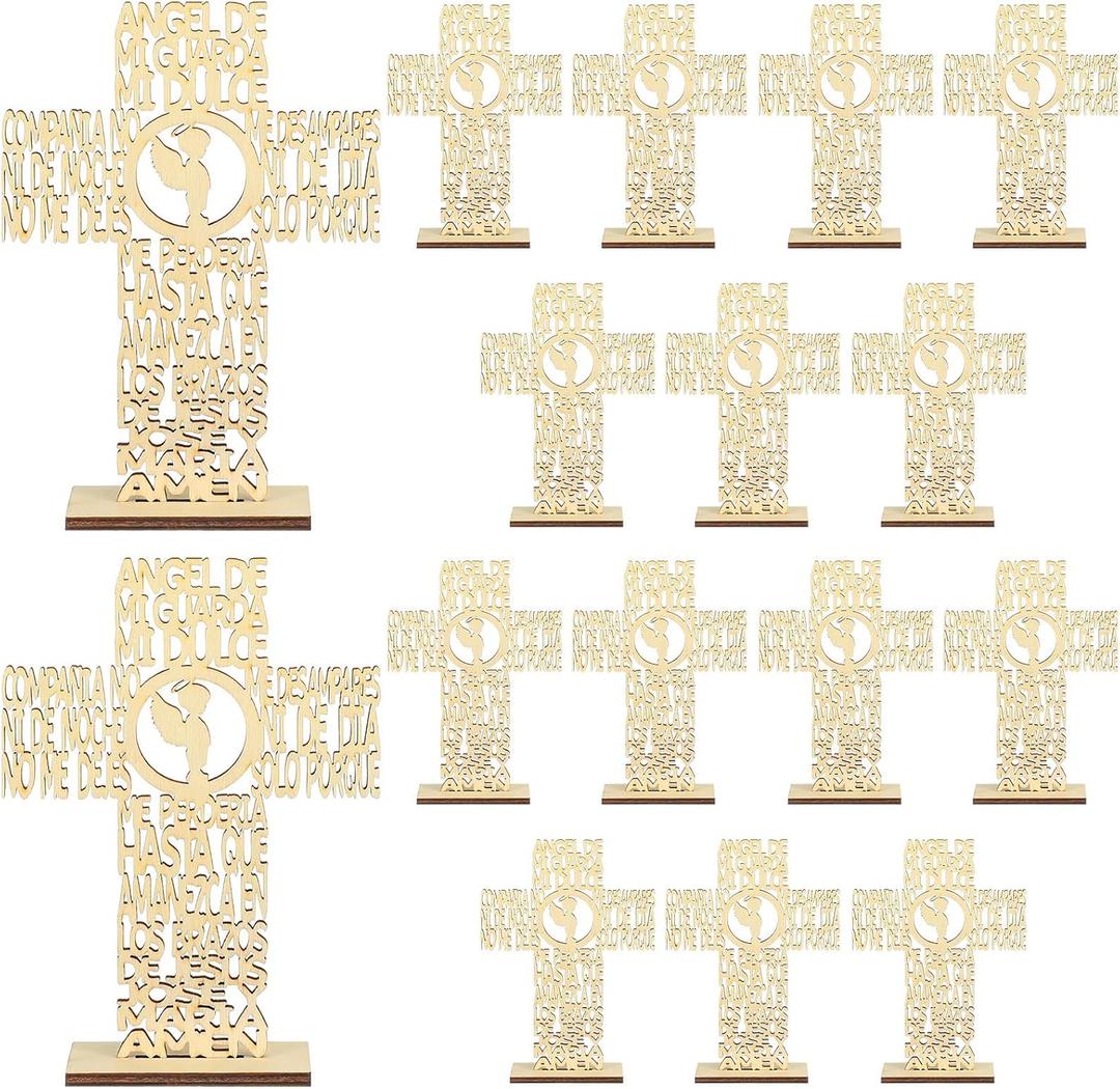 Marsui 16 Pcs Wooden Baptism Centerpieces for Table, Recuerdos De Bautizo para Religious Catholic Table Decor for Christening Communion Baby Shower Wedding VBS Sunday School Church(Angel with Cross)