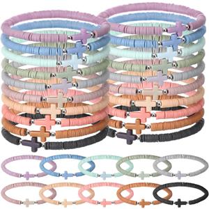 Landical 30/50 Pcs Cross Bracelets Bulk Jesus Bracelets Handmade Elastic Colorful Polymer Clay Bead Religious Wristbands Christian Wristband for Women Kid Easter VBS Gifts (Morandi)