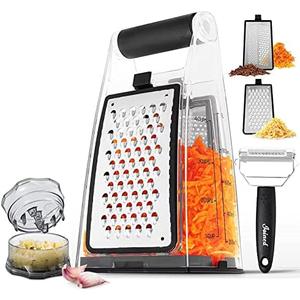 Joined Cheese Grater with Garlic Crusher- Box Grater Vegetable Shredder with 2 Stainless Steel Blades - Graters for Kitchen- Cheese Graters with Handle - Garlic Mincer Tool and Vegetable Peeler