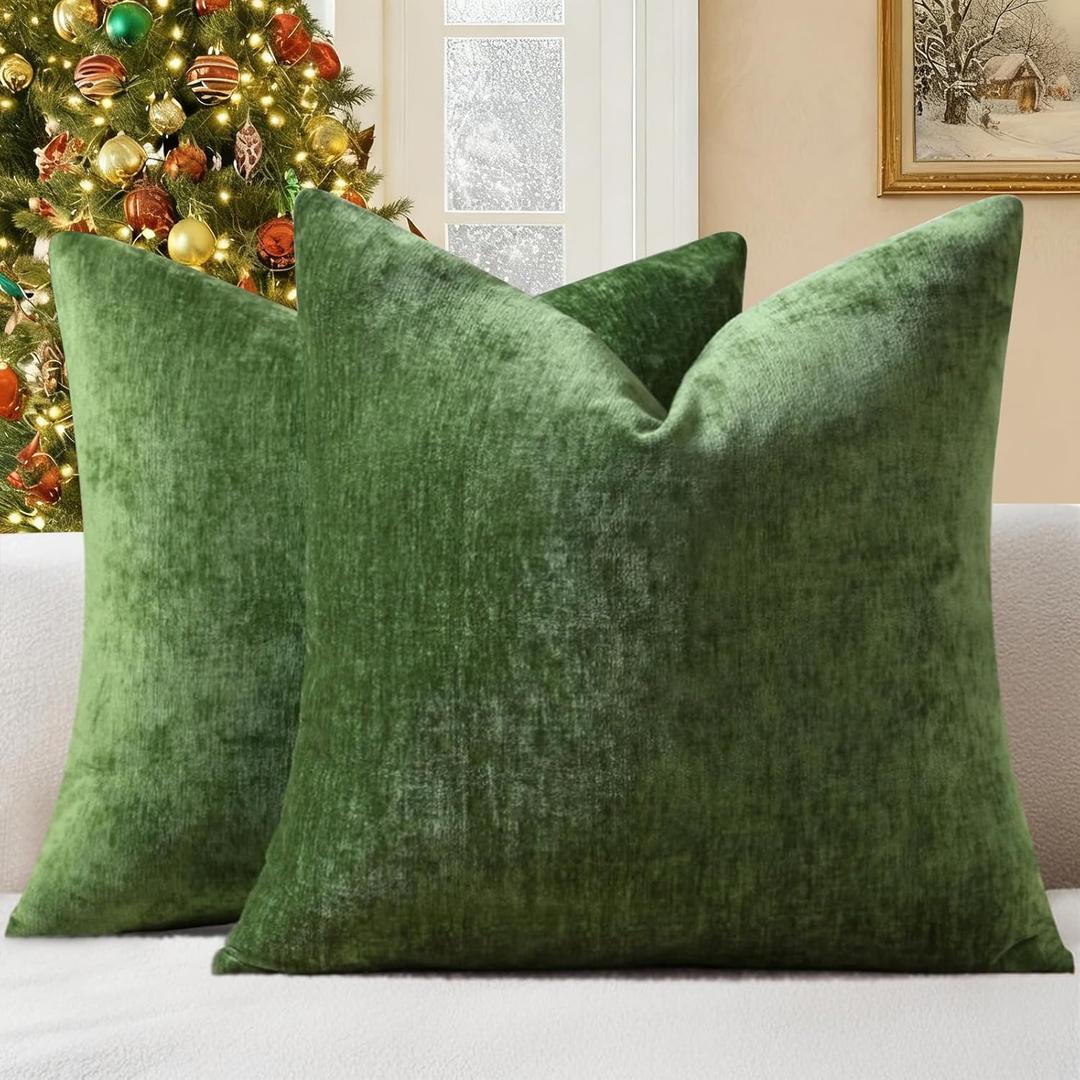 decorUhome Chenille Moss Green Christmas Throw Pillow Covers 18x18 Inch Set of 2, Decorative Soft Couch Pillow Covers Solid Dyed Accent Farmhouse Neutral Square Pillow Cases for Sofa