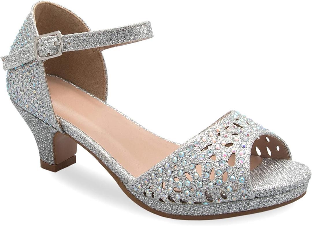 Olivia K Girl's Cute Adorable Strappy Glitter Open Toe Heel Sandals - Adjustable buckle (4 Big Kid)