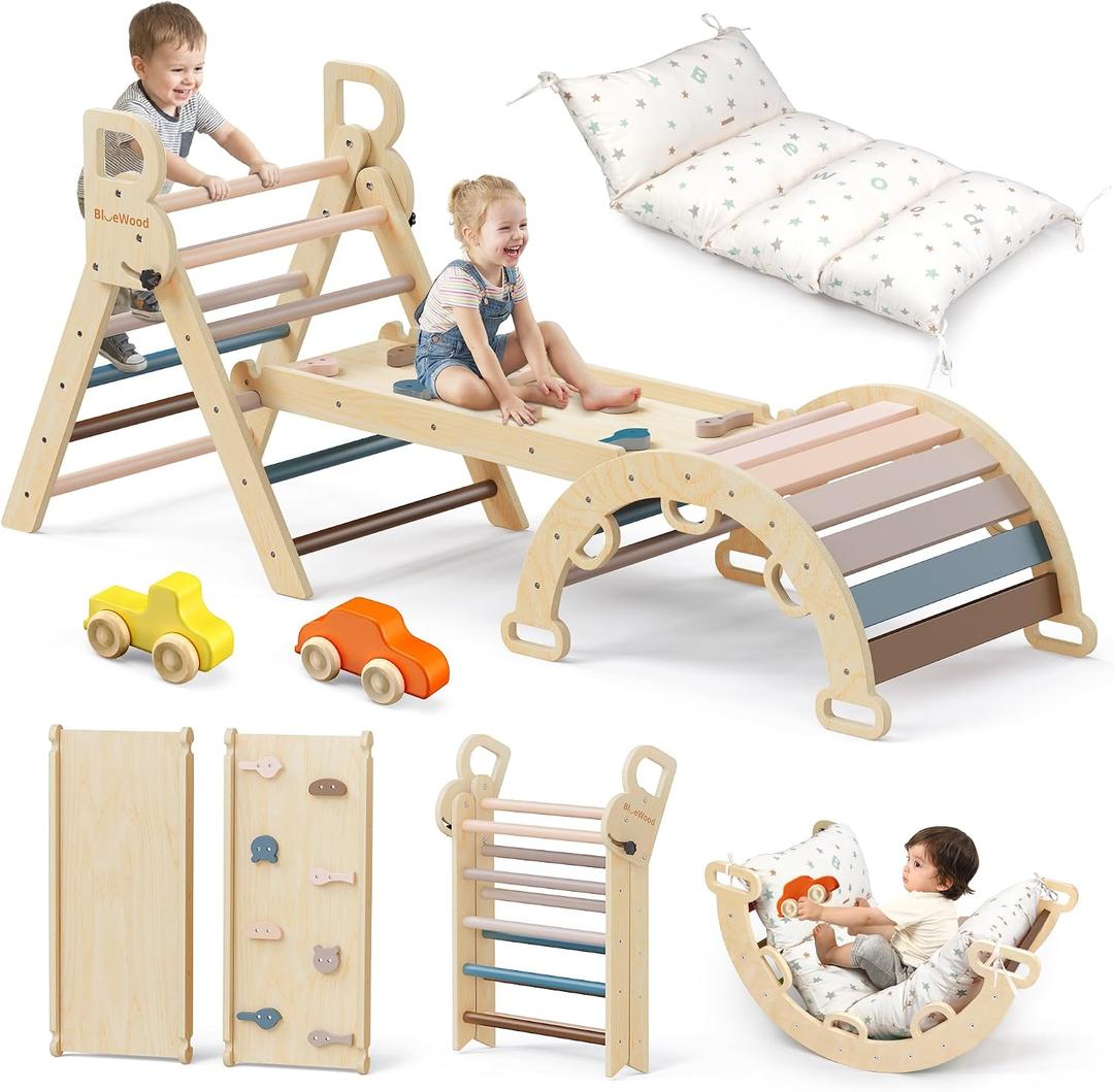 BlueWood Pikler Triangle Set with Cushion, 8-in-1 Climbing Toys for Toddlers, Montessori Philosophy Play Jungle Gym with Arch, Ramp, Ladder(Mauve Pink)