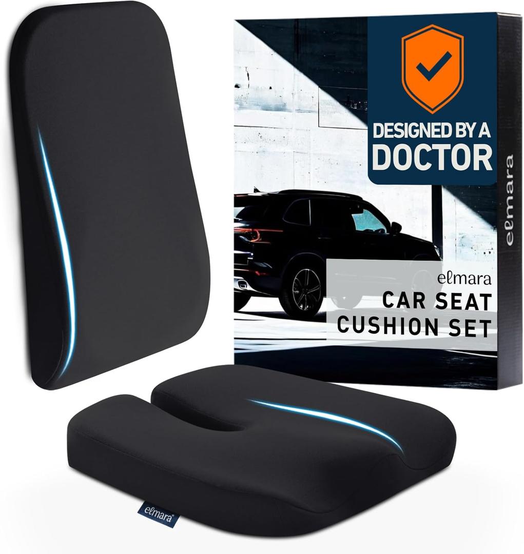 Elmara Doctor-Designed Car Seat Cushions for Driving  Car Seat Back Support, Driver Seat Cushion and Back Cushion for Car, Pillow for Driving Seat  The Ultimate Comfort Solution for Cars (Jet Black)