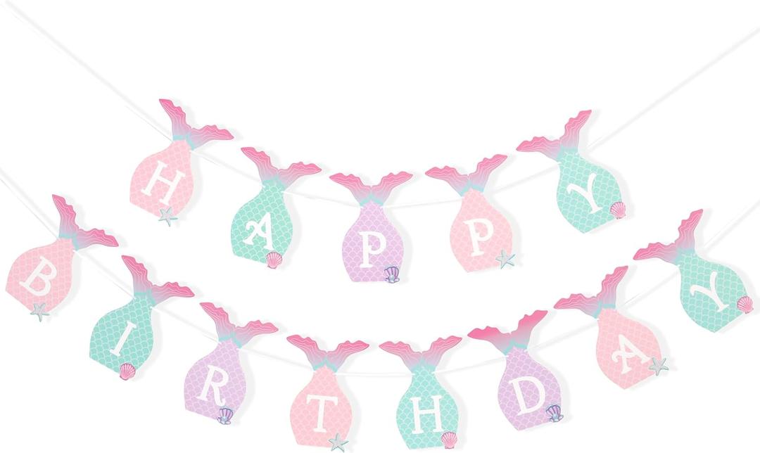 Mermaid Happy Birthday Banner - Mermaid Birthday Party Decorations, With A Textured Fin And Sequins, Ocean Themed Banner Garland, Under The Sea Themed Party Supplies