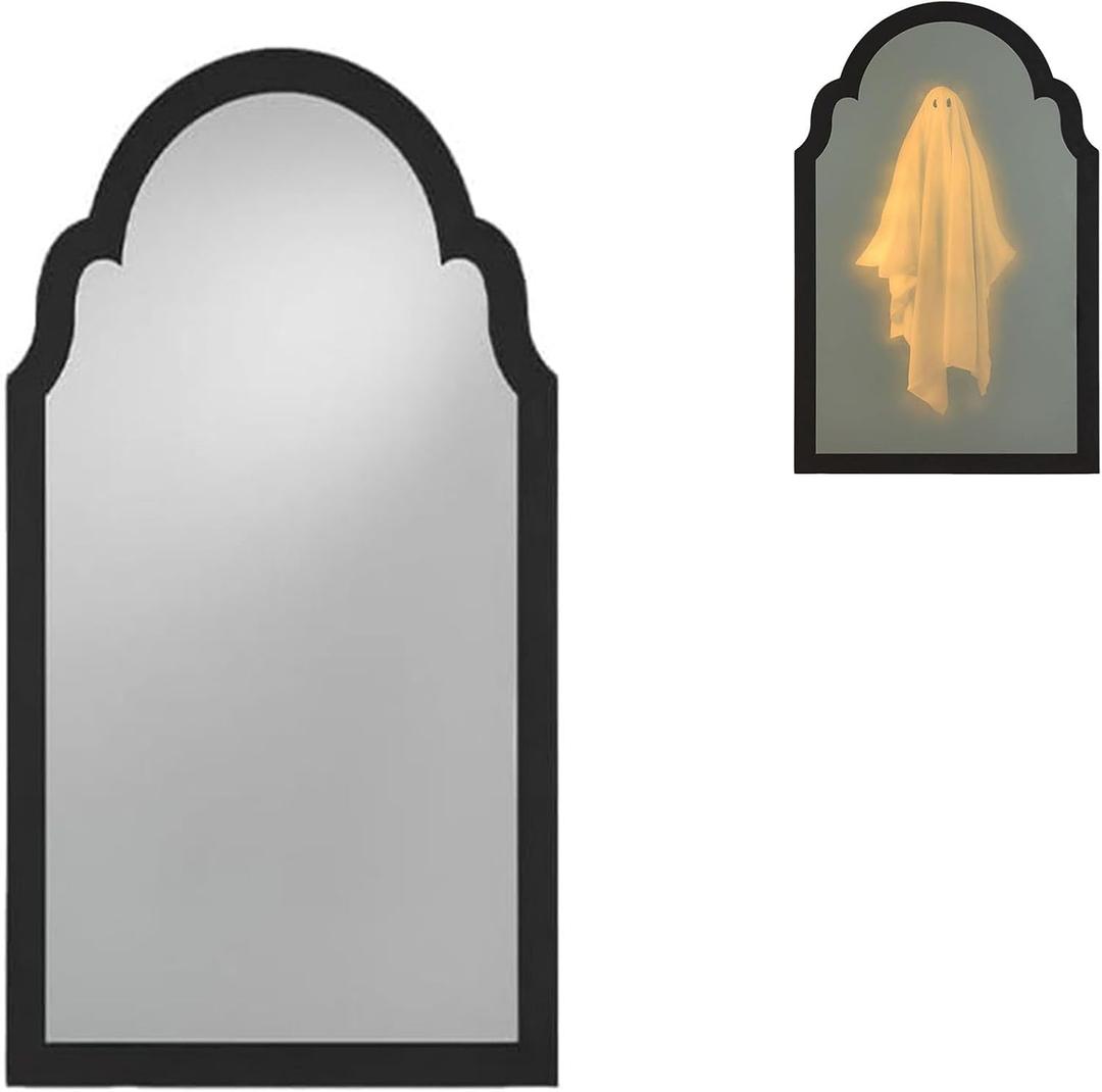 Halloween Hologram Ghost Mirror Spooky Floating Illusion,Semicircle LED Edge Scary Haunted House Party Supplies Living Room,Bedroom,DIY Haunted House Props (Wave Shape, 13.8 * 7.87 * 0.78in)
