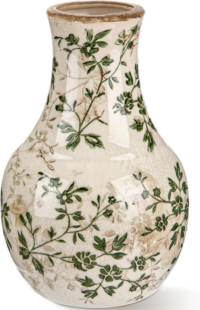 LemonRoad Vintage Ceramic Flower Vase 5.7 Inch Chinoiserie Ice Cracked Glaze Porcelain Vase Rustic Ceramic Large Centerpieces for Home Table Living Room Bookshelf Office(Floral Style)