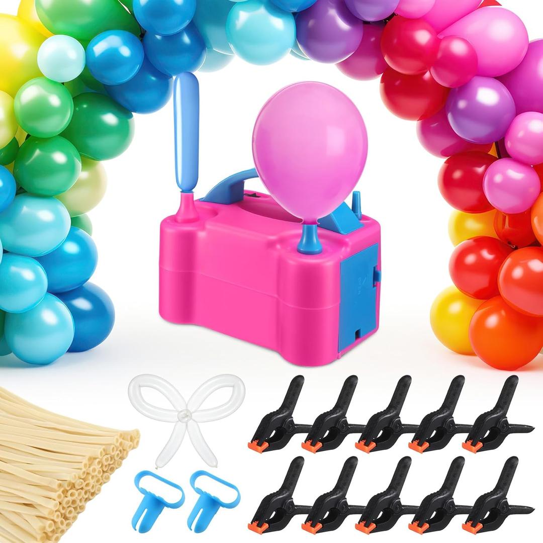 Patelai Electric Balloon Pump with 100 Clear Long 260 Balloons for Tying Arch 10 Balloon Arch Clips Portable Dual Nozzle Air Pump Blower with Tying Tool for Birthday Wedding Baby Shower Party Supplies