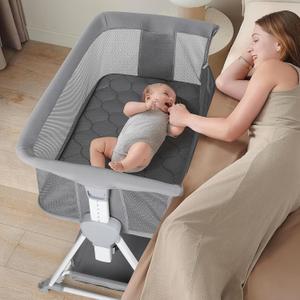Cowiewie Bassinet Bedside Sleeper,Baby Bassinet with Air-Fiber Washable Mattress & 7-Adjustable Height,Foldable Bedside Bassinets for Baby with 360Breathable Mesh,Bassinet with Wheels & XL-Storage