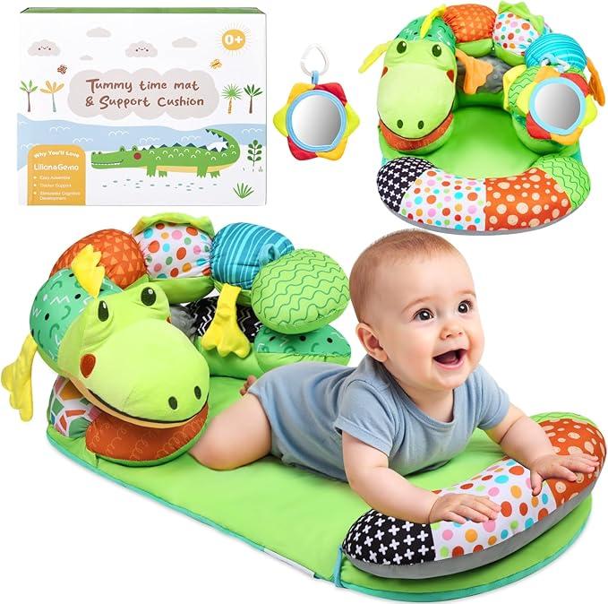 Lilian&Gema 2-in-1 Tummy Time Mat and Support Pillow for Newborns and Infants, Adorable Crocodile Design with Detachable Tummy Time Pillow, Tummy Time Mat