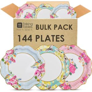 Talking Tables 144 x Pretty Floral Disposable Paper Plates Bulk Pack Afternoon Tea Mothers Day Table Party Decorations for Birthday Baby Shower, Wedding and Anniversary, Size 9"
