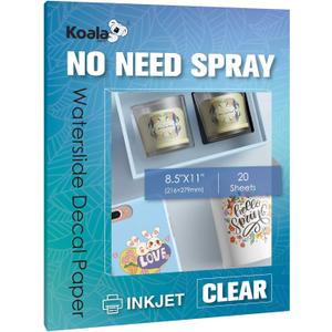 KOALA Waterslide Decal Paper INKJET CLEAR, No Spray Coating Water Slide Decal Paper for DIY Tumbler, Mug, Nail Crafts, 8.5x11 Inches 20 Sheets