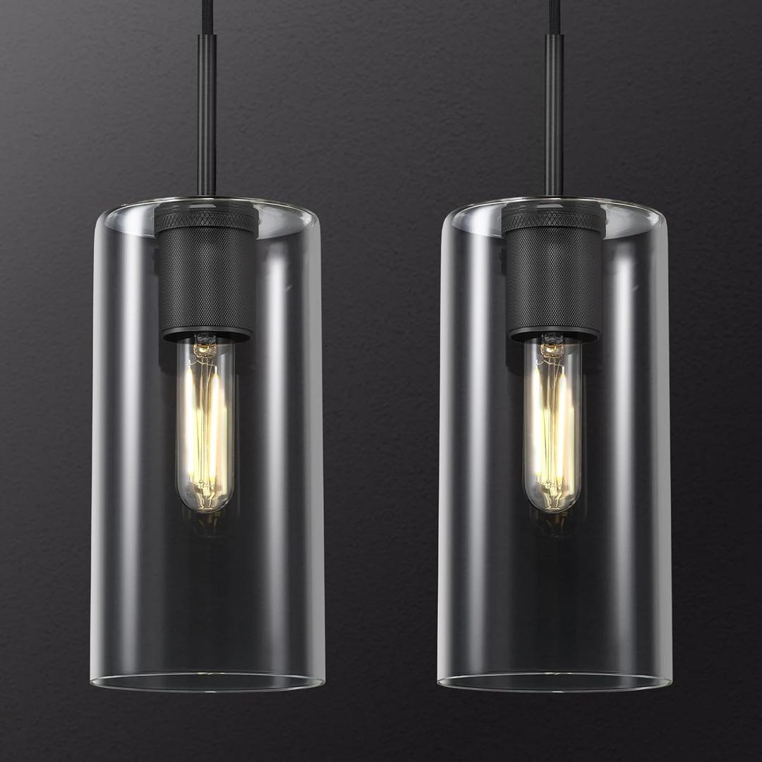 Modern Black Pendant Lights Kitchen Island 2 Pack Glass Pendant Light, 9.5in Farmhouse Clear Glass Cylinder Pendant Light Kitchen Pendant Lighting Over Island for Sink, Bathroom, Bar,Dining