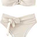 WDIRARA Women's 2 Piece Bikini Set Rib Knit Strapless Knot Front High Waist Swimsuit Set (Medium, Apricot)