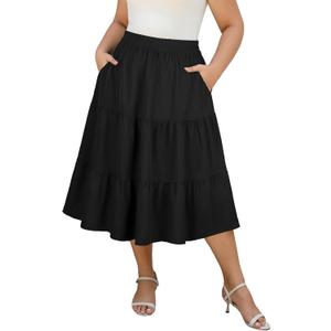 Women's Plus Size Casual Summer Midi Skirt with Pockets 1X-4X Tiered Lightweight A-line Skirts (Brown, XL)